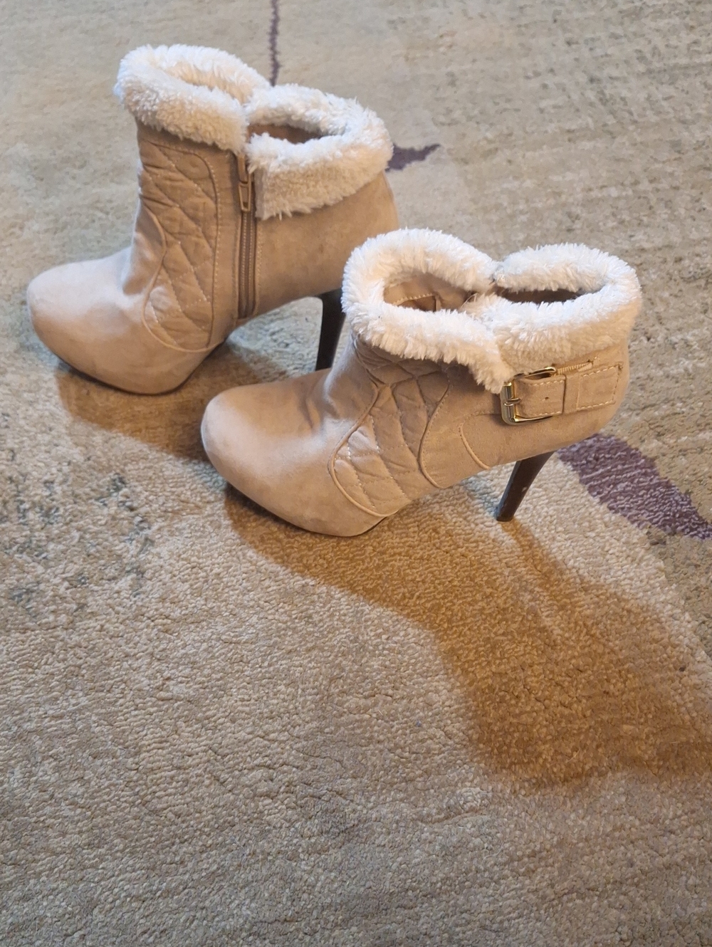Madeline Beige Faux-Suede Shearling Cuff Ankle Boots